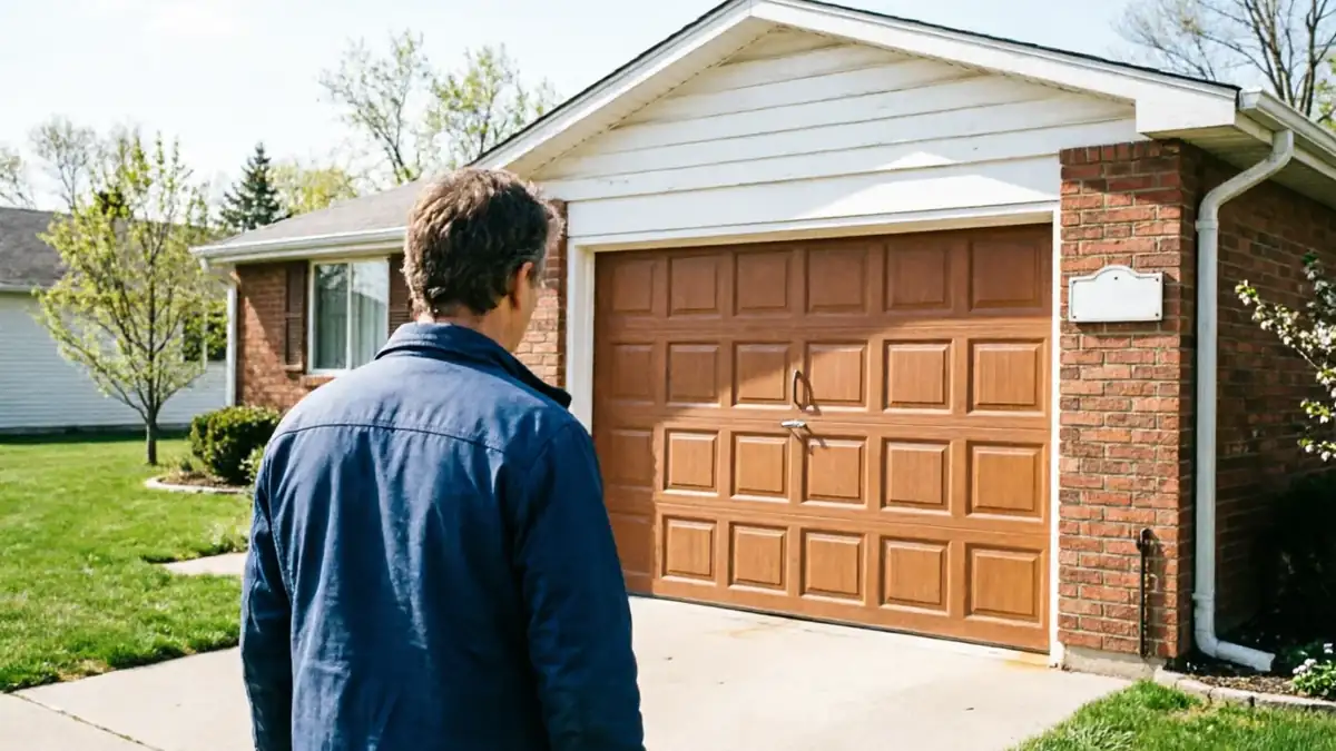 A technician stands in front of a brown garage door on a brick house.