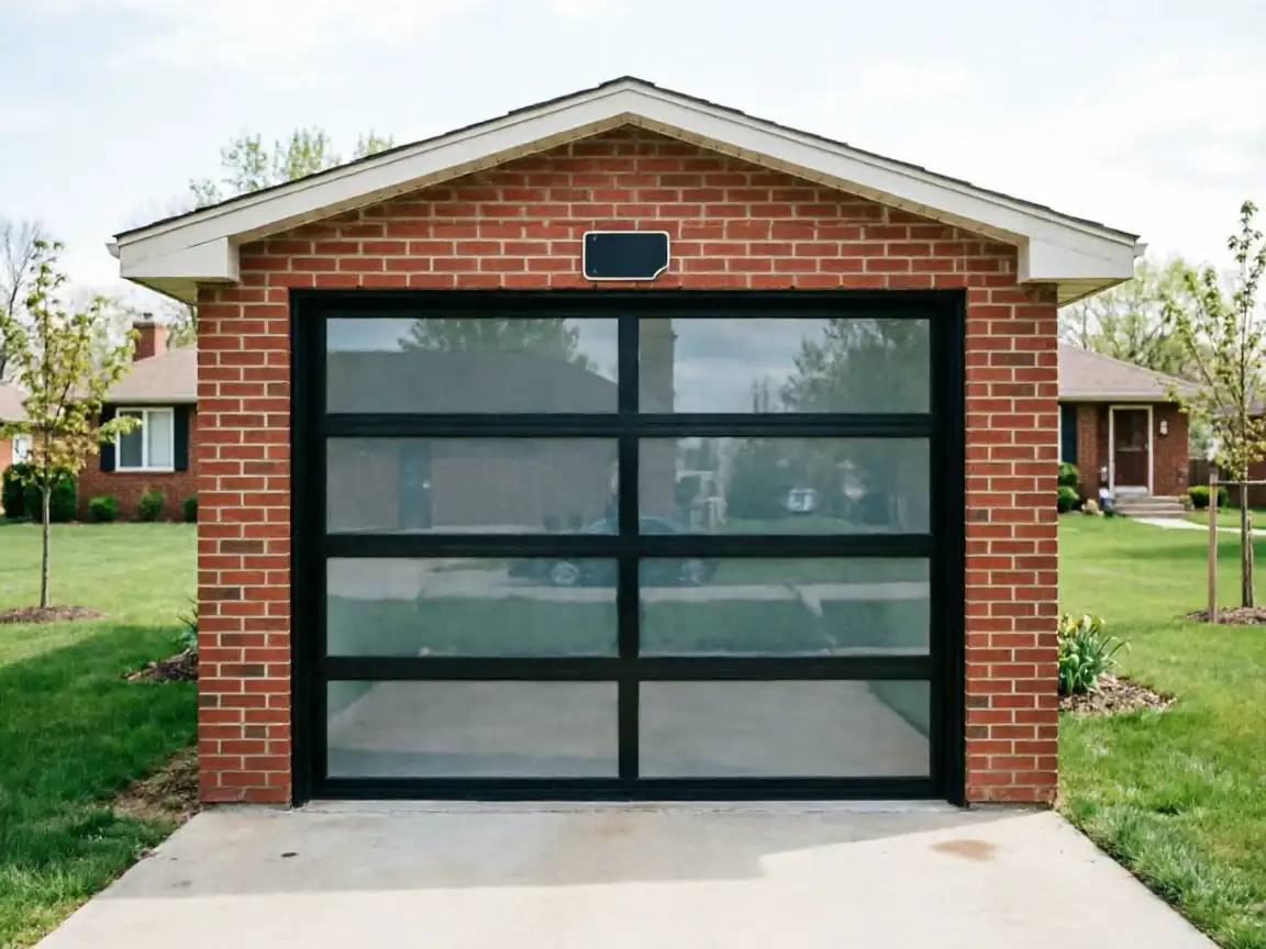 A modern black garage door with glass panels on a brick garage.