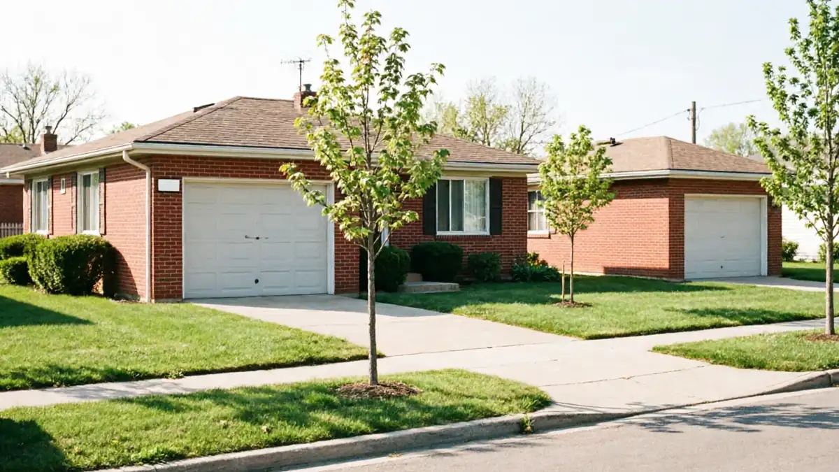 Two brick houses with white garage doors and green lawns are visible from the street.
